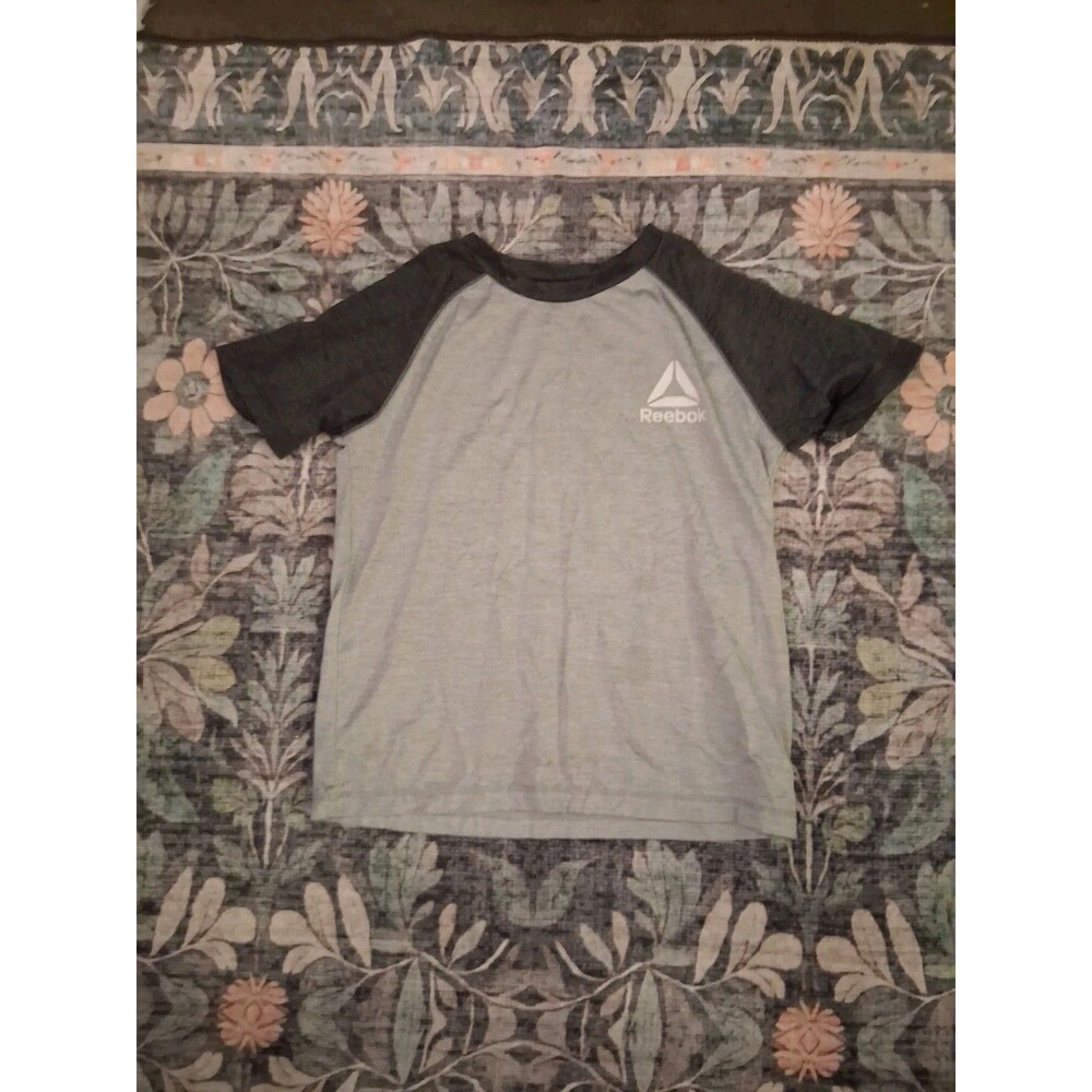 Reebok Boys 12 Gray Black Raglan Crew Neck Short Sleeve Logo T-Shirt Pullover